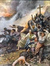 Eruption de l'Etna. Fuite précipitée de femmes prises par la lave alors qu'elles priaient (1911)