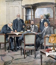 Fin de la guerre italo-turque, le traité de paix est signé par les plénipotentiaires dans un hôtel à Ouchy (Lausanne) le 18 octobre 1912