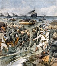 Débarquement surprise d'un important corps expéditionnaire entre Zuara et la frontière tunisienne pour empêcher la contrebande de guerre (1912)