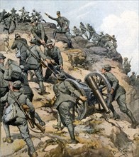 Campagne d'Italie en Afrique. Les alpinistes contraints par la rudesse des lieux à porter sur leurs épaules les canons pour la conquête de Sidi-Abdallah (1912)
