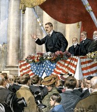Le président Roosevelt prononçant le premier de ses 75 discours, en tournée pour sa campagne électorale (1903)