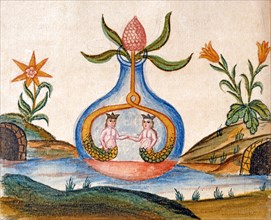 Athanor : ampoule dans laquelle l'argent rejoint l'or et l'eau se transforme en essence universelle, manuscrit alchimique "Clavis Artis" attribué à Zoroastre (Zarathoustra)