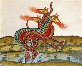 Dragon à trois têtes : le feu sacré divisé en sel, soufre et mercure, manuscrit alchimique "Clavis Artis" attribué à Zoroastre (Zarathoustra)