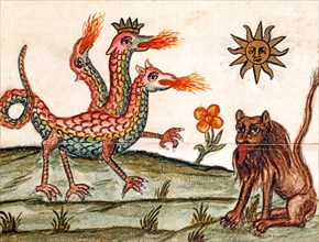 Dragon à trois têtes : le feu sacré divisé en sel, soufre et mercure, manuscrit alchimique "Clavis Artis" attribué à Zoroastre (Zarathoustra)