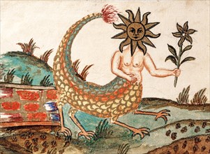 Dernière transformation alchimique : tête en forme de soleil et fleur de tournesol dans la main, symbole de la jeunesse éternelle, manuscrit alchimique "Clavis Artis" attribué à Zoroastre (Zarathoustr...