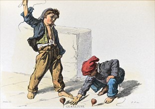 Enfants de Naples jouant à la toupie dans la rue