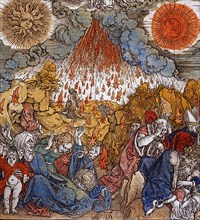 Albrecht Dürer. Le sixième sceau. Le tremblement de terre. L’occultation du soleil. La lune devient rouge de sang, et les étoiles tombent sur la terre