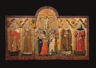 La Crucifixion avec les saints Cosme et Damien, Catherine et Barbara