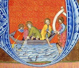 Initiale enluminée : Jésus appelle Pierre et l'invite à le suivre pour devenir pêcheur d'âmes