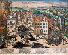 Hogenberg, Fernando Alvarez de Tolède ordonne les massacres et pillages dans la ville de Haarden le 30 novembre 1572