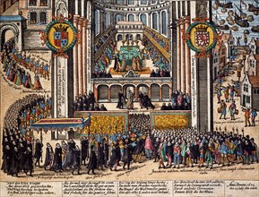 Hogenberg, Couronnement de Jacques 1er d'Angleterre à l'abbaye de Westminster le 25 juillet 1603
