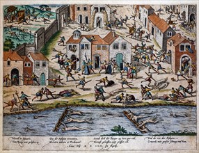 Hogenberg, Les catholiques massacrent les huguenots à Sens, 1562