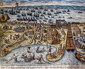 Hogenberg, L'armée espagnole conquiert la forteresse de La Goulette près de Tunis, en 1535