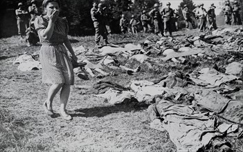 Des civils allemands regardent les corps de déportés assassinés à Namering (mai 1945)