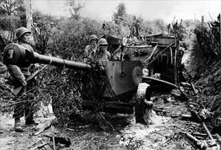 Epave de char allemand, trouvée au cours de la nouvelle offensive américaine, à l'ouest de Saint-Lô.
(25 juillet 1944)