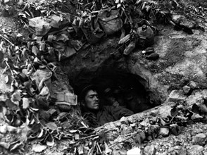 Time out in foxhole in France , July 11,1944