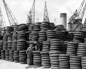 U.S truck tires piled for reshipment to Pacific in Antwerp (Belgium), June 27,1945