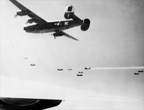 B-24 returns in flames from a aerial attack in Bulgaria June 28, 1944