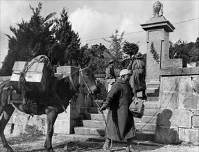 Goumiers français devant le monument aux morts de la 1re Guerre mondiale à Planois.
(24 octobre 1944)