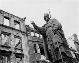 Symbol of peace in midst of devastated Wurzburg (Germany)  April 5, 1945