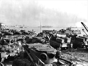 Newly arrived tanks at Cherbourg, November 4, 1944