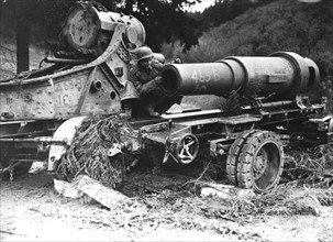 Officier américain examinant un canon allemand abandonné, près de  Wollseifen
(1945)