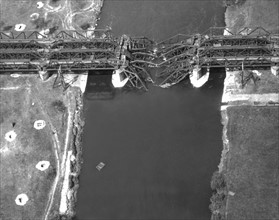 Aerial view of Torgau bridge where U.S. and Russian troops link-up, April 1945