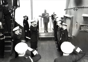 President Truman  arrives aboard the U.S.S. Augusta in Plymouth Harbor,  August 2, 1945