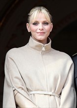 Princess Charlene of Monaco stands on the balcony of the palace of Monaco, as part of the official