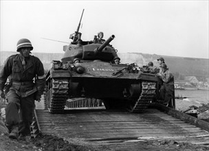 French tank crossing the Rhine during NATO maneuver