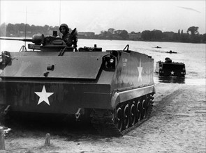 Amphibian vehicle in action during manoeuvre of US army in Grunewald in Berlin