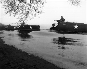 Amphibious crafts on mission at maneuver of the US Army in Berlin Grunewald
