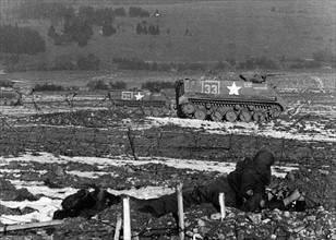 Armoured carriers of the US army during the manoeuvre on the military training area Grafenwöhr