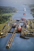 Ships passing through locks, Panama Canal, Panama