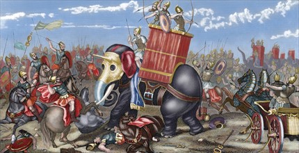 Second Punic War. The Battle of Zama (202 B.C.). Colored engraving.