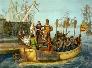 The First Voyage. Christopher Columbus bidding farewell to the Queen of Spain on his departure for the New World, 1492.
