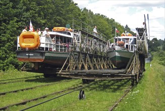 Schiffe werden ueber Land gezogen auf dem Oberlandkanal in Polen, ships carried on land