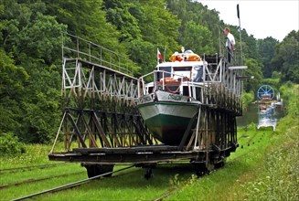Schiff wird ueber Land gezogen auf dem Oberlandkanal in Polen, ship carried on land