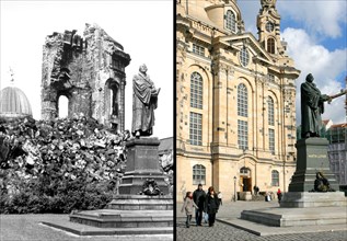 Die Bildkombo zeigt zwei Ansichten der Dresdner Frauenkirche mit dem Denkmal von Martin Luther - in