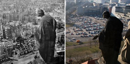 The composite picture shows two birds eye views of the destroyed city centre of Dresden in 1945 (L)