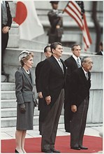 U.S. President Ronald Reagan and First Lady Nancy Reagan and Japanese Emperor Hirohito in Tokyo,