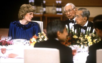 Diana, Princess Of Wales, at a dinner hosted By Emperor Hirohito in Japan. She is wearing a pleated