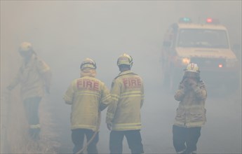 Firefighters take a break in smoke while battling bushfires near Taree, New South Wales, Australia, Nov. 11, 2019