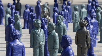 06 May 2018, Germany, Ulm: Small statues of Albert Einstein at Muensterplatz