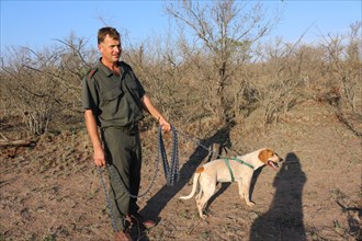 Dog trainer Johan van Straaten holds a dog on a leash at the Southern African Wildlife College in Hoedspruit (South Africa).