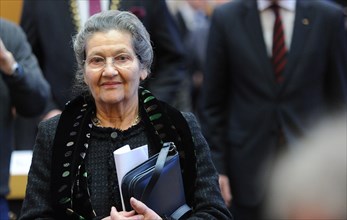 French politician Simone Veil looks on as she is awarded with the Heinrich Heine Prize in