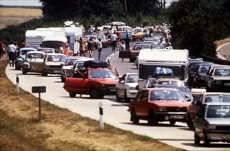 Grand embouteillage sur l'autoroute A7 près de Hammelburg en direction de Fulda (Allemagne)
