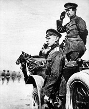 The Prime Minister of the Russian Provisional Government, Alexander Fyodorovich Kerensky (r), visits Russian troops at the front in July 1917