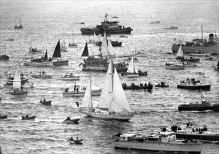 Sir Francis Chichester arrivant à Plymouth le 29 mai 1967