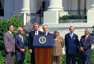 Minister of Foreign Affairs of Israel Shimon Peres makes remarks during the signing ceremony of the